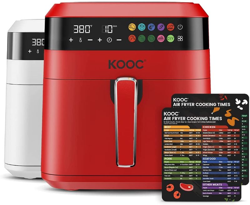 Photo 1 of KOOC XL Large Air Fryer, 6.5 Quart Electric Air Fryer Oven, Free Cheat Sheet for Quick Reference, 1700W, LED Touch Digital Screen, 10 in 1, Customized Temp/Time, Nonstick Basket, Red
