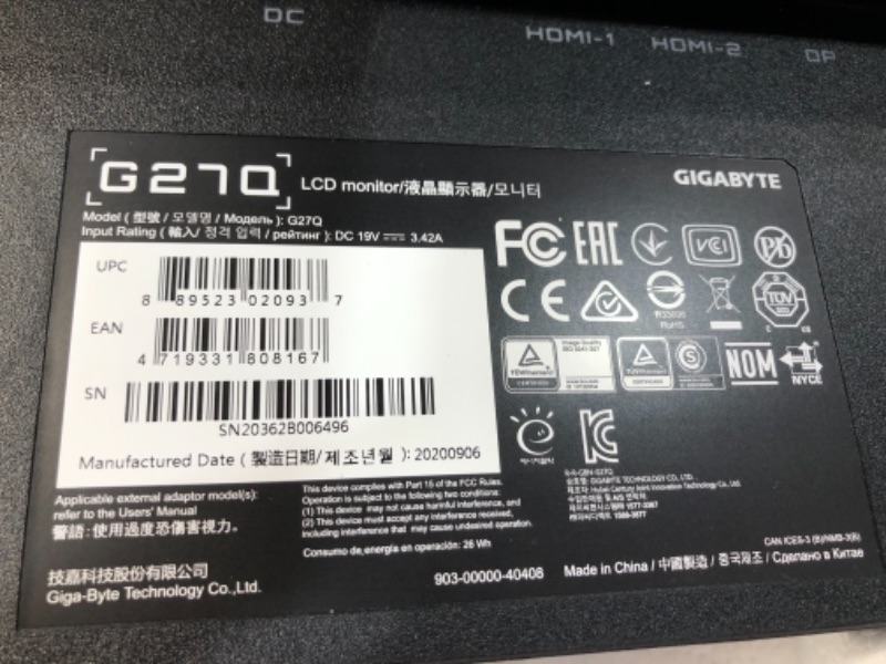 Photo 1 of GIGABYTE G27Q 27' 144Hz 1440P Gaming Monitor, 2560 X 1440 IPS Display, 1ms (MPRT) Response Time, 92% DCI-P3, VESA Display HDR400, FreeSync Premium.
