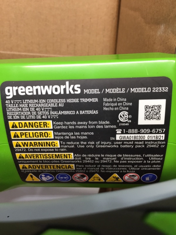 Photo 2 of ***PARTS ONLY*** Greenworks HT-240 24-Inch 40V Cordless Hedge Trimmer