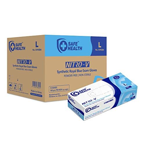 Photo 1 of 10 boxes, 100 gloves per box- SafeHealth Nitro-V Nitile-Vinyl Synthetic Blue Exam Gloves-Large | Case of 1000 | Latex-Free Powder-Free | Disposable-Medical Grade | Clinic-Nursing-F
