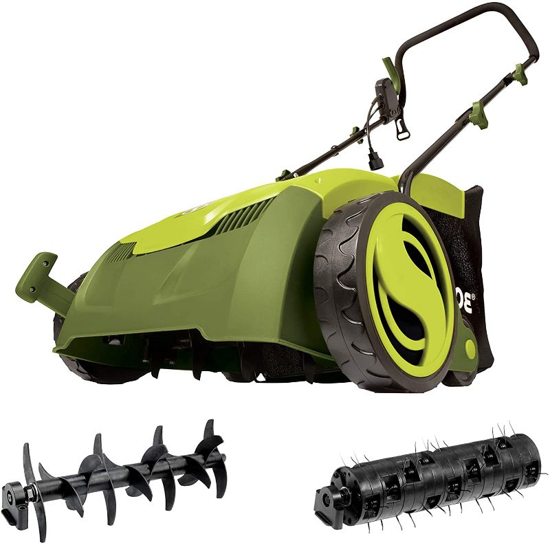 Photo 1 of Sun Joe AJ801E 12-Amp 13-Inch Electric Dethatcher and Scarifier w/Removeable 8-Gallon Collection Bag, 5-Position Height Adjustment, Airboost Technology Increases Lawn Health, 13 inch, Green
