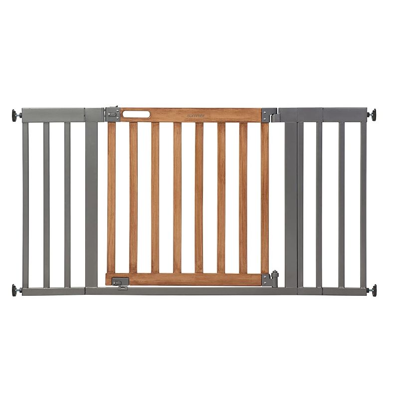 Photo 1 of Summer West End Safety Baby Gate, Honey Oak Stained Wood with Slate Metal Frame – 30” Tall, Fits Openings up to 36” to 60” Wide, Baby and Pet Gate for Wide Spaces and Open Floor Plans
