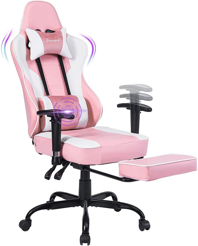 Photo 1 of VON RACER Massage Gaming Chair Video Racing Computer Chair - Adjustable Massage Lumbar Cushion, Retractable Footrest and Arms High Back Ergonomic Leather Office Desk Chair, Pink/White
