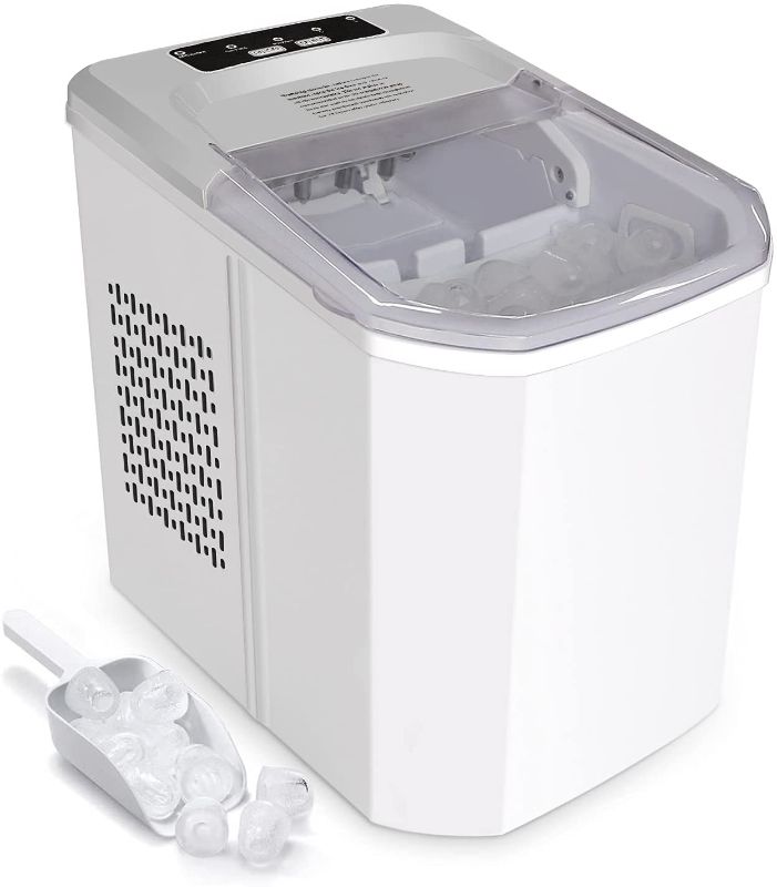 Photo 1 of FINVIE Portable Ice Maker Machine for Countertop, Bullet-Shaped Ice Cubes Ready in 8 Minutes, 26 Pounds in 24 Hours, with Ice Scoop and Basket (White)
