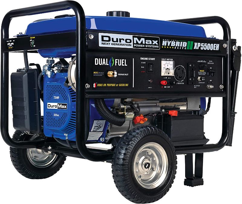 Photo 1 of parts only
DuroMax XP5500EH Electric Start-Camping & RV Ready, 50 State Approved Dual Fuel Portable Generator-5500 Watt Gas or Propane Powered, Blue/Black missing hardware and hose damaged, spark plugs damaged and missing parts for the legs
