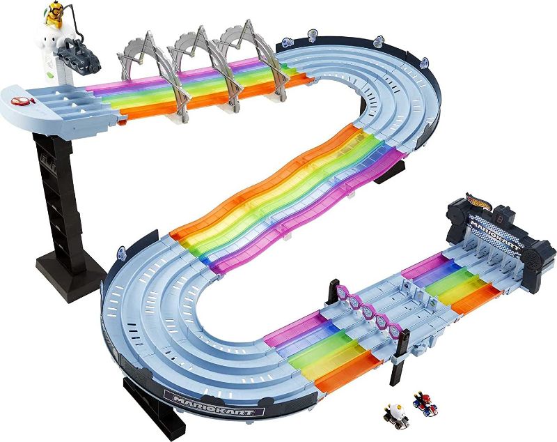 Photo 1 of Hot Wheels Mario Kart Rainbow Road Raceway 8-Foot Track Set with Lights & Sounds & 2 1:64 Scale Vehicles, Race with 5-Track Colorful Course with 2 Configurations, Toy Gift for Kids
