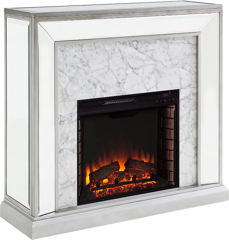 Photo 1 of (Incomplete - Missing Components) SEI Furniture Trandling Mirrored & Faux Electric Fireplace, Antique Silver/White Marble

