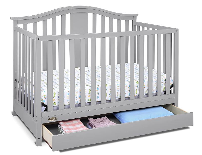 Photo 1 of Graco Solano 4-in-1 Convertible Crib with Drawer, Converts to Daybed, Toddler and Full Size Bed, Undercrib Storage Drawer, Adjustable Mattress Height, Pebble Gray
