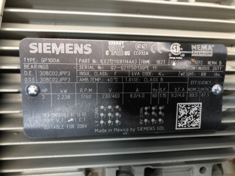 Photo 3 of (Parts Only) Siemens 1LE21211CA314EA3 5-HP 3600 Rpm 208 230/460-volt 184tc General Purpose Electric Motor Nema Premium Efficient Aluminum Frame, Aluminum Rotor
