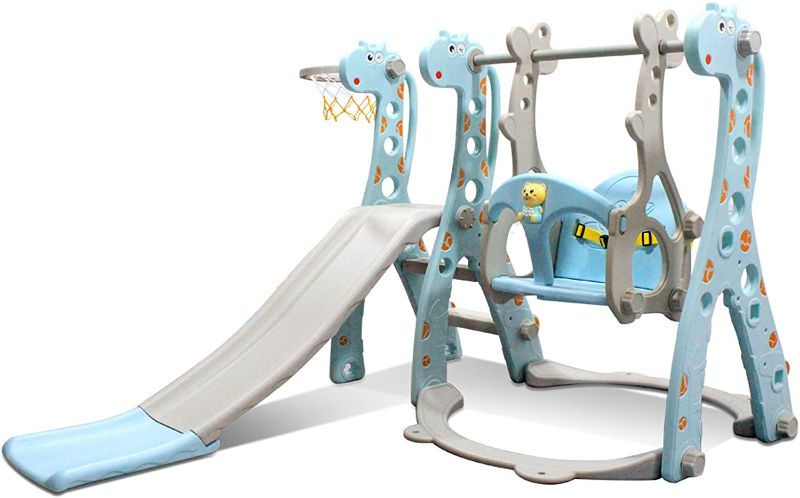 Photo 1 of Kids Swing and Slide Set w/ Basketball Hoop & Music Player Kids Fun Slide Set for Indoor and Outdoors Playground Play Set (Shark, Blue) (Musci Giraffe Blue)
