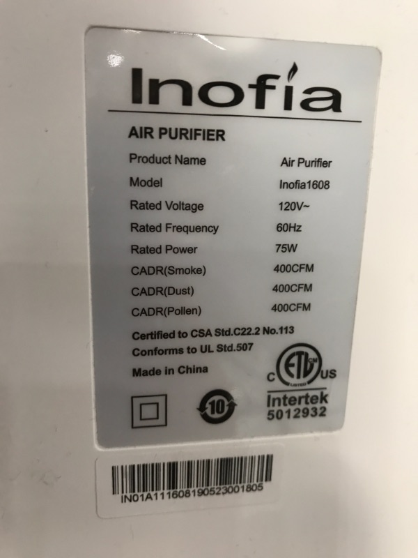 Photo 4 of Inofia Air Purifier with True HEPA Air Filter, Wi-Fi Intelligent Control, Air Cleaner for Large Room, for Spaces Up to 1300 Sq Ft, Perfect for Home/Office with 2 Filters (White.)
BROKEN SCREEN AND TOP.