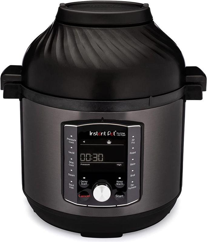 Photo 1 of Instant Pot Pro Crisp 11-in-1 Electric Pressure Cooker with Air Fryer Combo, 8 Quart, Roast, Bake, Dehydrate, Slow Cook, Rice Cooker, Steamer, Sauté, 14 One-Touch Programs DENTED ON SIDE.
