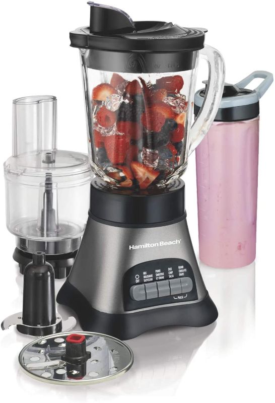 Photo 1 of Hamilton Beach Wave Crusher Blender with 40oz Jar, 3-Cup Vegetable Chopper, and Portable Blend-In Travel Jar for Shakes and Smoothies, Grey & Black (58163)
