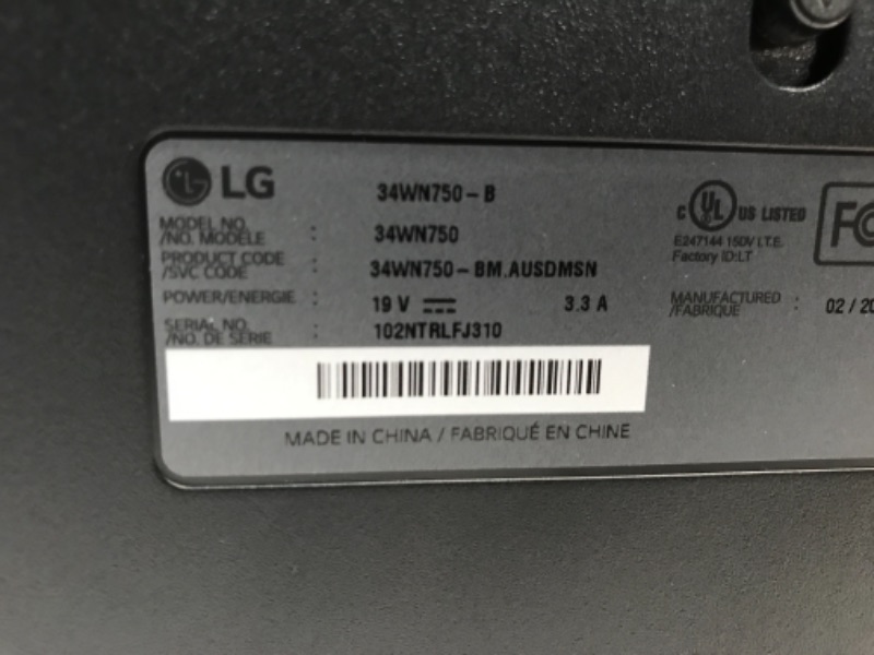 Photo 1 of LG 34WN750-B Monitor 34" 21:9 WQHD (3440 x 1440) IPS Display, AMD FreeSync, Dual Controller, OnScreen Control, 3-Side Borderless Design - Black
