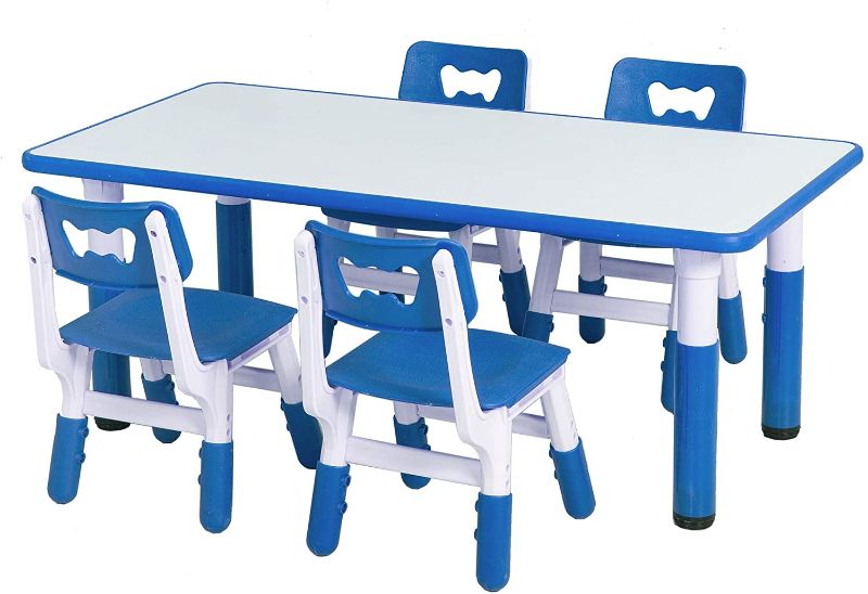 Photo 1 of bonibear Kindergarten Table and Chair Set?Kids Table and Chairs Set?1 Table and 4 Chairs??Plastic Children Desk Height Adjustable?Solid Wood Table top??Furniture Gifts for Boys and Girls (Blue)
