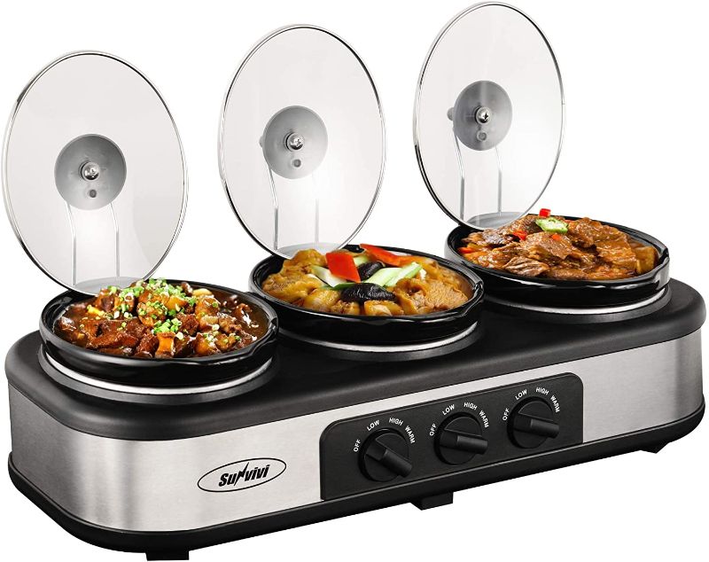 Photo 1 of Slow Cooker, Triple Slow Cooker Buffet Server 3 Pot Food Warmer, 3-Section 1.5-Quart Oval Slow Cooker Buffet Food Warmer Adjustable Temp Lid Rests Stainless Steel with 3 Spoons?Total 4.5 QT
