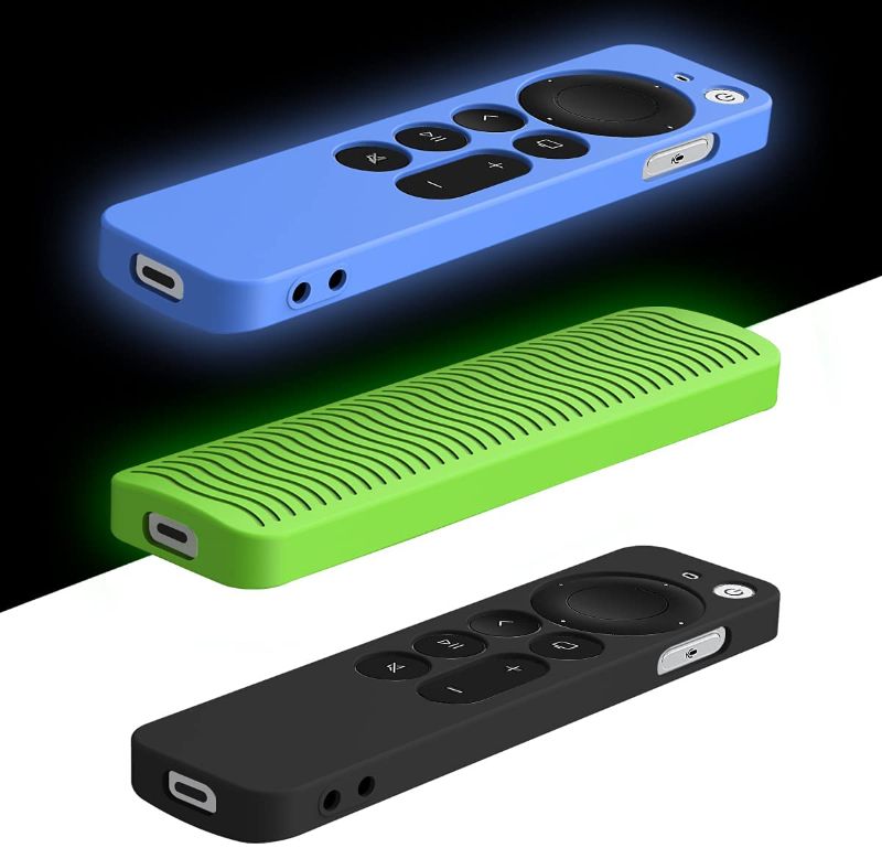 Photo 1 of [3PCS] Woocon Upgrade Soft Silicone Cover for Apple TV 4K/HD Siri Remote Controller, Apple Siri Remote (2nd Gen) Case with Lanyard | Light Weight/Anti Slip/Shock Proof(Black+Glow Blue+Glow Green) 2 packs.
