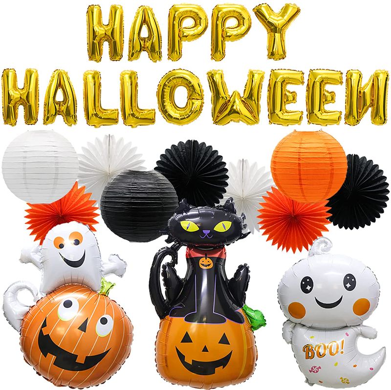 Photo 1 of 
26PCS Halloween Party Decorations,Gold Happy Halloween Foil Balloon Banner Ghost Black Cat Pumpkin Foil Balloons Paper Fans Paper Lanterns for Adult Kids Birthday Home Decor Indoor Outdoor by Meiduo
