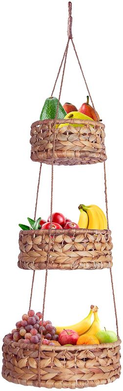 Photo 1 of Home Intuition 3-Tier Hanging Fruit Produce Basket Heavy Duty WOOD STYLE** Ceiling Hooks, Round, Black
