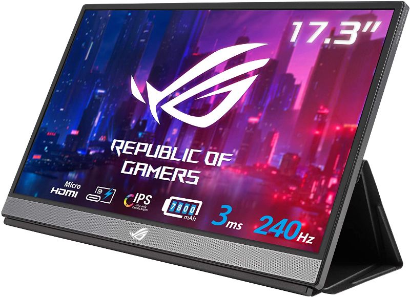 Photo 1 of ASUS ROG Strix 17.3" 1080P Portable Gaming Monitor (XG17AHPE) - Full HD, IPS, 240Hz, 3ms, Adaptive-Sync, Smart Case, Ultra-slim, USB-C Power Delivery, Micro HDMI, For Laptop, PC, Phone, Console
AS IS USED, MISSING POWER CORD, PLEASE SEE PHOTOS 