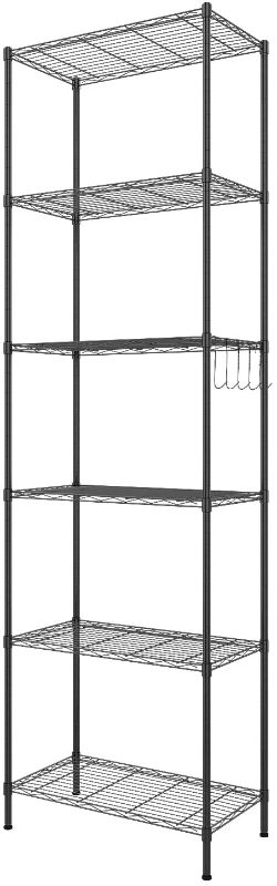 Photo 1 of BATHWA 6-Tier Metal Wire Rack, Free Standing Shelving Unit, Adjustable Heavy Duty Storage Shelves for Kitchen Organization, with Leveling Feet and Stainless Side Hooks, Black 21.26 x 11.42 x 62.99 inch
