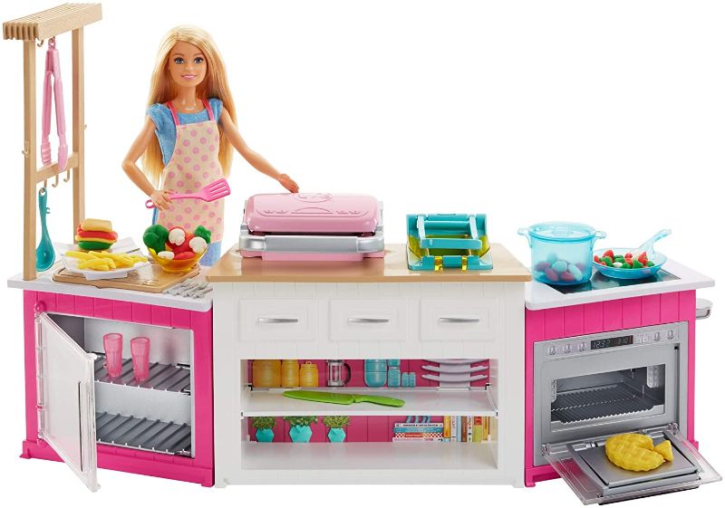 Photo 1 of Barbie Kitchen Playset with Doll, Lights & Sounds, Food Molds, 5 Dough Colors and 20+ Accessories [Amazon Exclusive]
