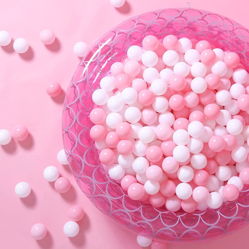 Photo 1 of Ball Pit Balls,Kids Plastic Balls for Ball Pit , Pool, Pink Party Accessories, Birthday Decoration, Crush Proof and Durable with Storage Bag PINK AND WHITE, STARS AND BALLS 
PREVIOUSLY OPENED