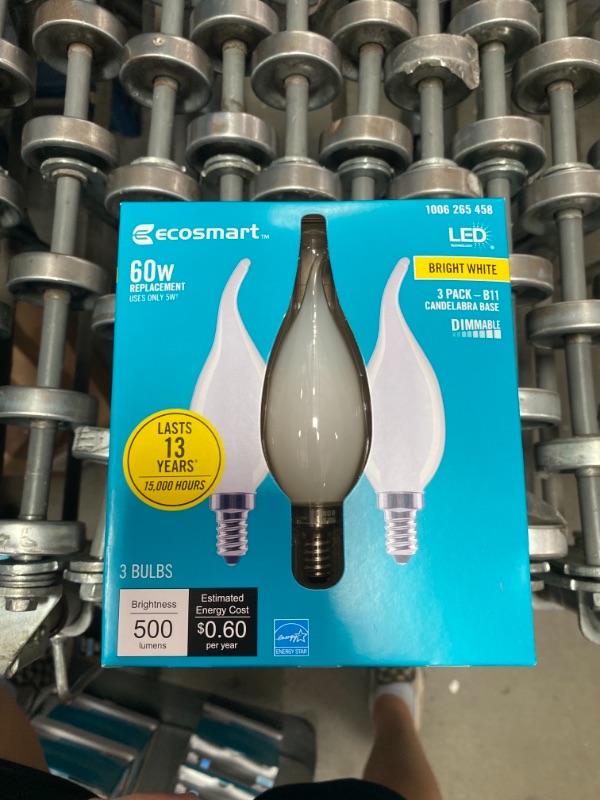 Photo 2 of 60-Watt Equivalent B11 Dimmable Flame Bent Tip Frosted Glass Filament LED Vintage Edison Light Bulb Bright White(3-Pack)
92 BOXES, 6 LIGHT BULBS) 