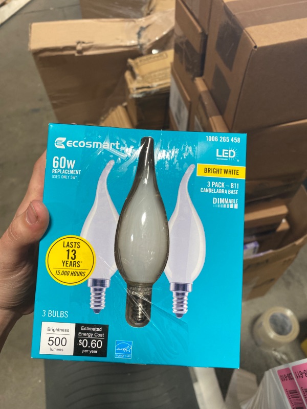 Photo 2 of 60-Watt Equivalent B11 Dimmable Flame Bent Tip Frosted Glass Filament LED Vintage Edison Light Bulb Bright White(3-Pack)
(2 BOXES, 6 LIGHT BULBS) 
