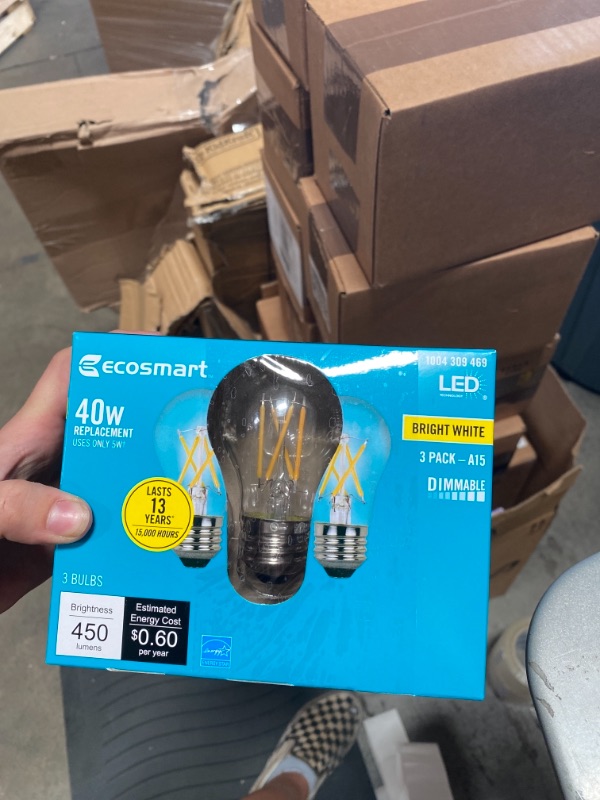 Photo 2 of 40-Watt Equivalent A15 Dimmable Clear Glass Decorative Filament Vintage LED Light Bulb BRIGHT WHITE 3-Pack)
(2 BOXES, 6 LIGHT BULBS) 