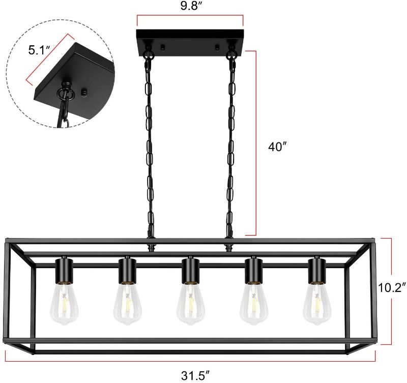 Photo 1 of *SEE last picture for damage* 
Black Farmhouse Kitchen Island Dining Room Chandelier, Modern Rectangle Pendant Light, Industrial Light Fixtures for Living Room Foyer Bar ( 5-Light )
