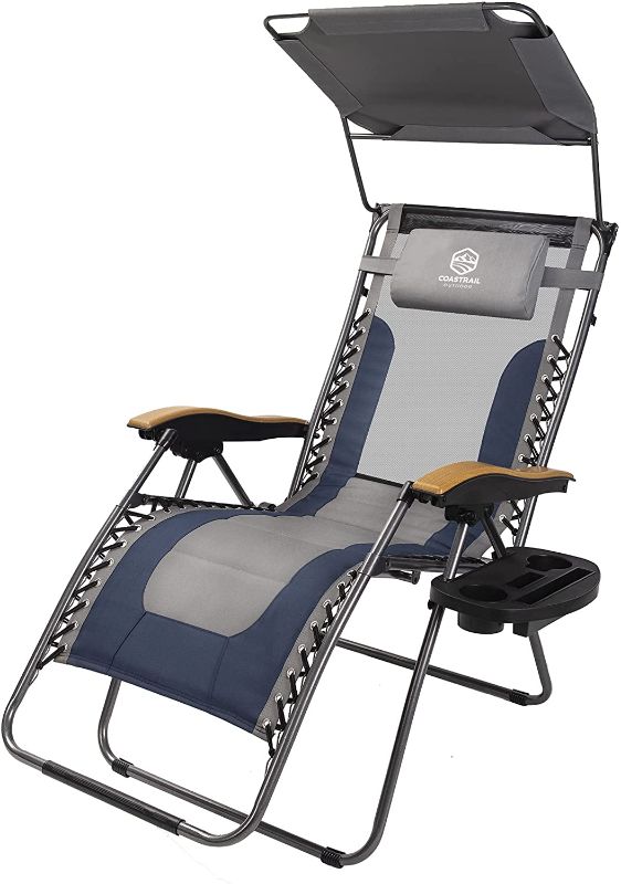 Photo 1 of *USED*
 Coastrail Outdoor Premium Zero Gravity Reclining Lounge Chair with Sun Shade, Padded Seat, Cool Mesh Back, Pillow, Cup Holder & Side Table for Sports Yard Patio Lawn Camping, Support 400lbs Navy&Grey
