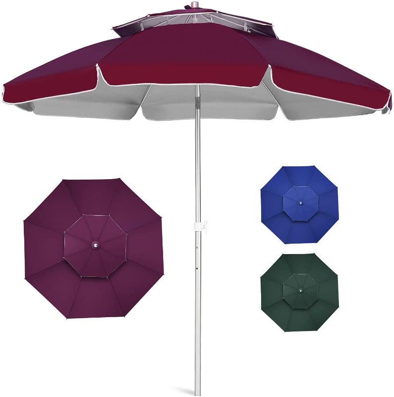 Photo 1 of 8FT Patio Umbrella Outdoor Table Umbrellas, Outside Sunbrella Umbrella with 2 Tier Vented and Push-Button Tilt, Garden Umbrella with Aluminum Pole and 8 Ribs for Market, Deck, Backyard, Pool (Red)
