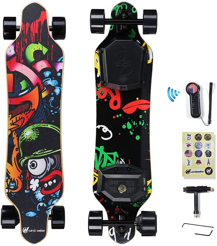 Photo 1 of *USED*
*MISSING remote, stickers, tools, and charging cord* 
windseeker Electric Skateboard, Electric Longboard with Remote for Adults and Teens, 450W Brushless Motor, 20 MPH Top Speed, 12.5 Miles Range, 5+2 Plys Maple and Bamboo, Max Load 220Lbs
