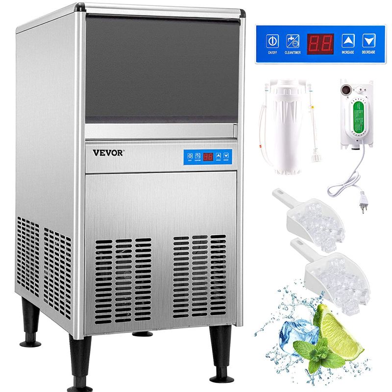 Photo 1 of VEVOR 110V Commercial Ice Maker 125LBS/24H with 50LBS Bin, ETL Approved, Heavy Duty Stainless Steel Construction, Auto Clean, Clear Cube, Air-Cooled, Include Water Filter and Drain Pump
DAMAGED FROM SHIPPING, MISSING ONE LEG, PLEASE SEE PHOTOS 