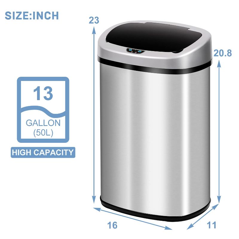 Photo 1 of *MISSING cord* 
Trash Can, 13 Gallon Touch-Free Motion Sensor Stainless-Steel Garbage Can Metal Trash Bin with Lid for Kitchen Living Room Office, Electronic Touchless Automatic Closure & Opening, Silver
