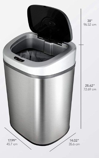 Photo 1 of *USED*
NINESTARS Automatic Touchless Infrared Motion Sensor Trash Can with Stainless Steel Base & Oval, Silver/Black Lid, 21 Gal
