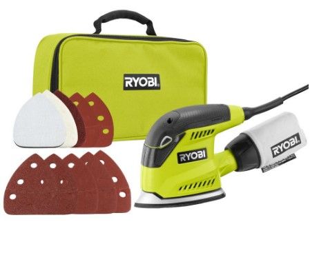 Photo 1 of *USED*
*MISSING sandpaper* 
RYOBI 1.2 Amp Corded 5.5 in. Corner Cat Sander with Dust Bag, Sample Sandpaper, and Storage Case