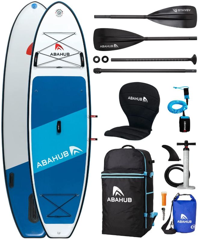 Photo 1 of Abahub Inflatable SUP, Wide 10'6" x 34" x 6" iSUP, Blue Standup Paddleboard with Adjustable Carbon Fiber Paddle, Kayak Seat, for Yoga, Paddle Board, Kayaking, Surf, Canoe, Fishing
