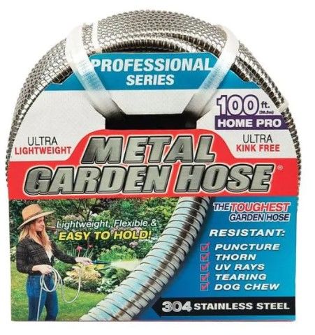 Photo 1 of 1/2 in. x 100 ft. Silver Metal Garden Hose Heavy-duty Stainless Steel Garden Hose
by
Swan