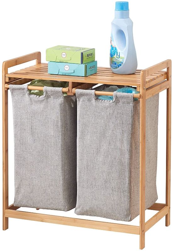 Photo 1 of 
mDesign Large Freestanding Portable Bamboo Double Laundry Basket Hamper Organizer - Easy Carry Removable Storage Sorter Bag with Handle for Folding Clothes,...
Color:Natural