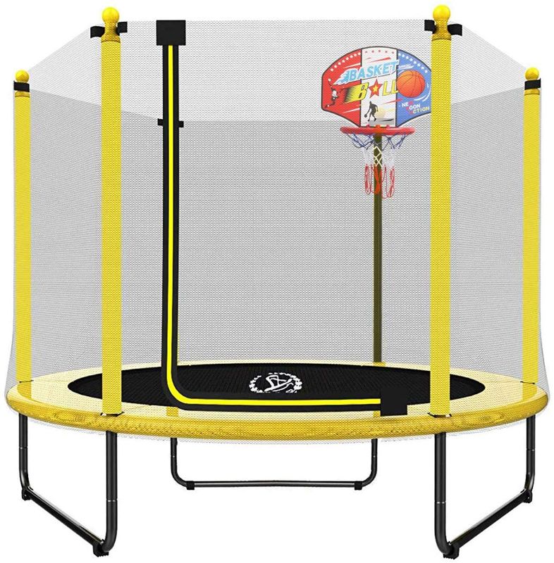 Photo 1 of 60" Trampoline for Kids - 5ft Outdoor & Indoor Mini Toddler Trampoline with Enclosure, Basketball Hoop, Birthday Gifts for Kids, Gifts for Boy and Girl, Baby Toddler Trampoline Toys, Age 1-7
