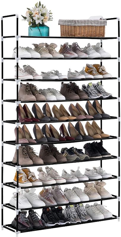 Photo 1 of TECHMILLY 10 Tiers Shoe Rack Organizer, Tall Shoe Shelf for 50 Pairs, Vertical Non-Woven Fabric Shoe Storage Cabinet for Entryway (Black)
