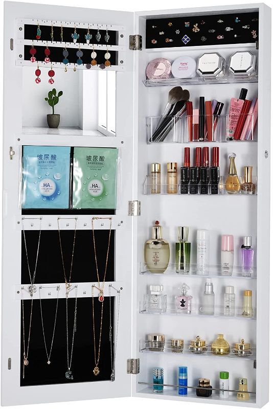 Photo 1 of OUTDOOR DOIT Jewelry Cabinet Jewelry armoire with Full Length Mirror Lockable Jewelry Organizer Full Length Mirror Hanging Mirror Large Capacity Dressing Mirror- 6181 White
