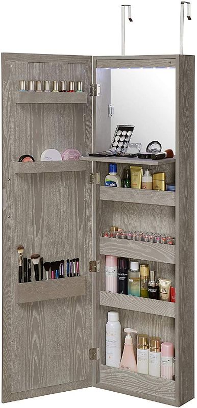 Photo 1 of Abington Lane Over The Door Makeup Organizer - Beauty Armoire with LED Lights and Stowaway Mirror for Makeup Storage - Heathered Grey Finish - (Includes Wall Mounted Option)
13.88 x 5.13 x 47 inches
