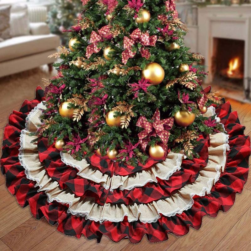 Photo 2 of yuboo Buffalo Ruffle Christmas Tree Skirt, 48 inches Plaid&Burlap 6-Layer Rustic Xmas Tree Holiday Decorations
