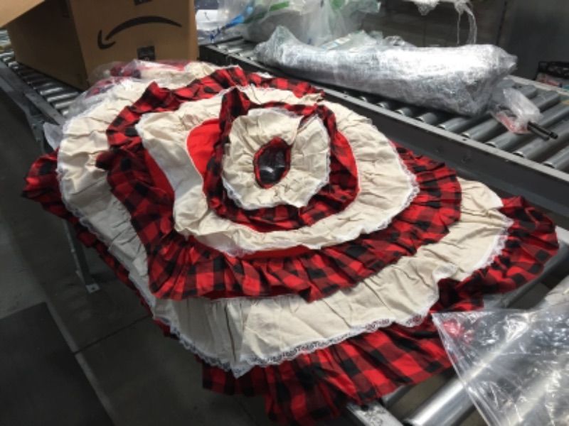 Photo 2 of yuboo Buffalo Ruffle Christmas Tree Skirt, 48 inches Plaid&Burlap 6-Layer Rustic Xmas Tree Holiday Decorations
