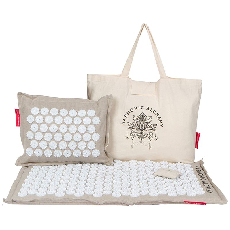 Photo 1 of Acupressure Mat Set by Harmonic Alchemy | Perfect for back pain relief, stiff neck, sciatica and stress | Comes with full size linen mat, pillow, bag, and lavender scent pouch | Beige Color
