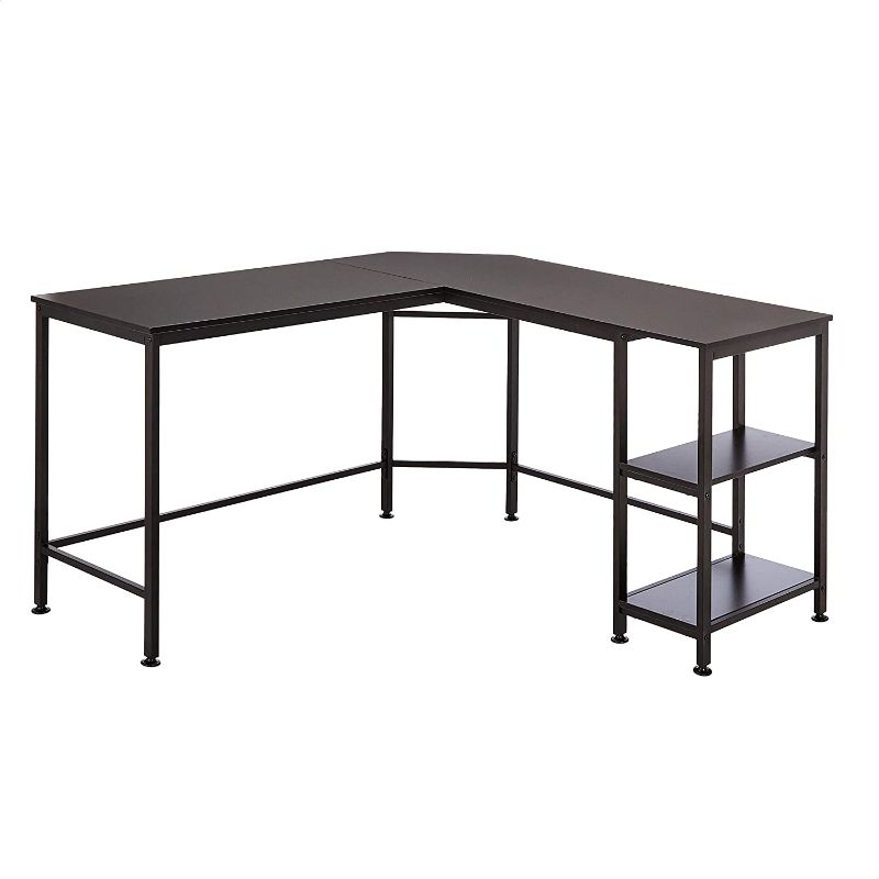 Photo 1 of Amazon Basics L-Shape Computer Desk with Shelves for Storage, 54.3 Inch, Black with Black Frame
