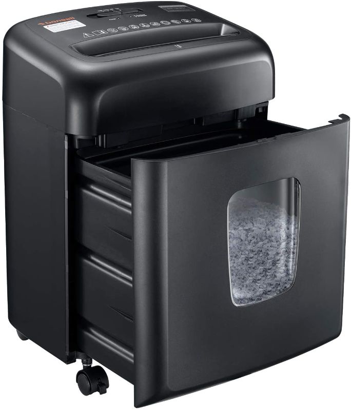 Photo 1 of Shredder for Home Office, Bonsaii Micro-Cut Paper Shredder and Credit Card Shredder, 8 Sheet Paper Shredder with 4 Gallons Pull Out Basket and 4 Wheels for Shredding Clips, Staples, Black (C206-D)
